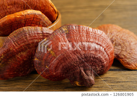 Lingzhi or Reishi mushroom with capsules, organic natural healthy food. 126801905