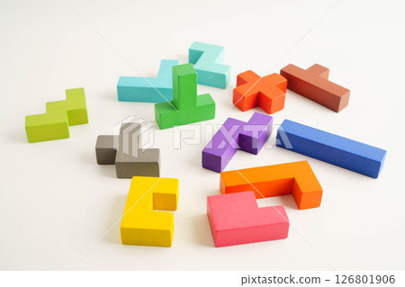 Logical thinking and problem solving problem solution creative business, wooden puzzle geometric block shape. Logical thinking and problem solving problem solution creative business, wooden puzzle geometric block shape. 126801906