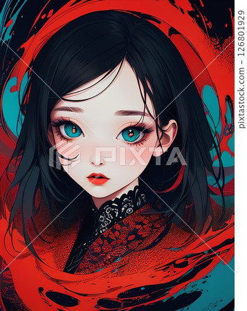 帶有紅色圖案的女性角色 126801929