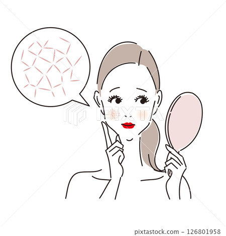 A troubled woman checking her dry skin and fine wrinkles with a hand mirror A troubled woman checking her dry skin and fine wrinkles with a hand mirror 126801958