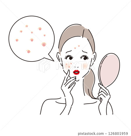 一位陷入困境的婦女用手鏡檢查她的痤瘡和粉刺 一位陷入困境的婦女用手鏡檢查她的痤瘡和粉刺 126801959