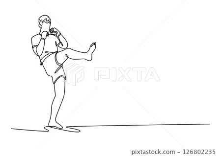 Single one line drawing male kickboxer fighter training kick in sport gym. Powerful sportsman strong body strength workout. Energy power. Modern continuous line draw design graphic vector illustration 126802235