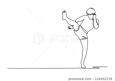 Single one line drawing professional male kickboxer boxing training at indoor gym. Fit muscular man athlete fighting. Sport, competition, tournament. Continuous line design graphic vector illustration 126802236