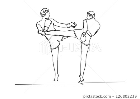 Continuous one line drawing two muay thai boxers exercising traditional martial art in gym or sports center. Healthy lifestyle, hobby, fitness workout. Single line design vector graphic illustration 126802239