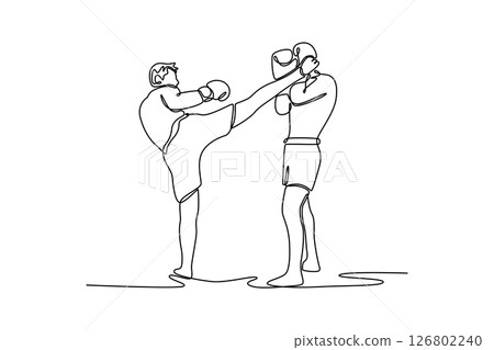 Continuous one line drawing muscular male Muay Thai boxer kicking his coach or personal training in gym or sports center. Professional trainer concept. Single line design vector graphic illustration 126802240