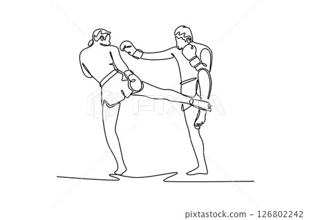 Continuous one line drawing muay thai fighter exercising kickboxing tricks with sparring partner. Fighting in ring at gym. Young professional sportsmen. Single line design vector graphic illustration Continuous one line drawing muay thai fighter exercising kickboxing tricks with sparring partner. Fighting in ring at gym. Young professional sportsmen. Single line design vector graphic illustration 126802242