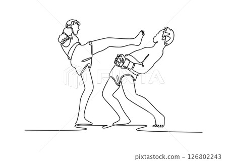 Continuous one line drawing two men boxer fighting muay thai kickboxing high kick technique. Healthy lifestyle, hobby, fitness workout, competition. Single line draw design vector graphic illustration 126802243