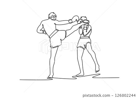 Continuous one line drawing two professional Muay Thai fighter training kickboxing, an exercise in sport hall, fight with sparring partner or coach. Single line draw design vector graphic illustration 126802244