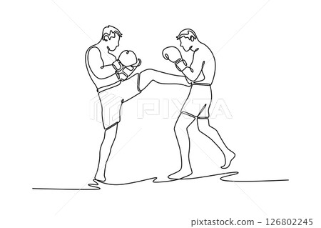 Single continuous line drawing two attractive male athlete fighters muscular shirtless kicking competitor enjoy kickboxing exercise at indoor stadium. One line draw graphic design vector illustration 126802245