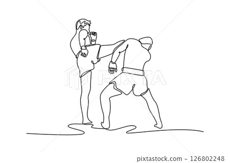Single continuous line drawing two aggressive kickboxing fighter having competition at national tournament. Sport, health, workout, training, strength. One line draw graphic design vector illustration 126802248