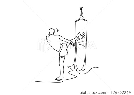Single continuous line drawing back view Muay thai fighter training in the gym with the punch bag. Male professional boxer training hard in sport club. One line draw graphic design vector illustration 126802249