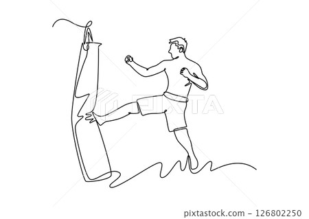 Single continuous line drawing young man workout a kick on punching bag in gym. Powerful muay Thai fighter strong body strength training. Energy power. One line draw graphic design vector illustration Single continuous line drawing young man workout a kick on punching bag in gym. Powerful muay Thai fighter strong body strength training. Energy power. One line draw graphic design vector illustration 126802250