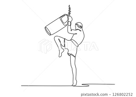Single continuous line drawing Muay Thai fighter practicing with the punch bag in boxing gym. Thai boxing workout. Martial arts, sports action. Dynamic one line draw graphic design vector illustration 126802252
