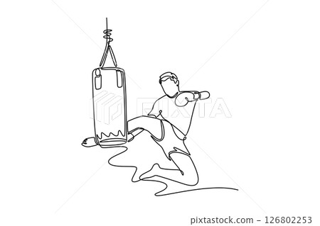 Single one line drawing attractive man doing jump kick to punching bag at fitness gym. Male training Muay Thai boxing for bodybuilding training. Continuous line draw design graphic vector illustration Single one line drawing attractive man doing jump kick to punching bag at fitness gym. Male training Muay Thai boxing for bodybuilding training. Continuous line draw design graphic vector illustration 126802253