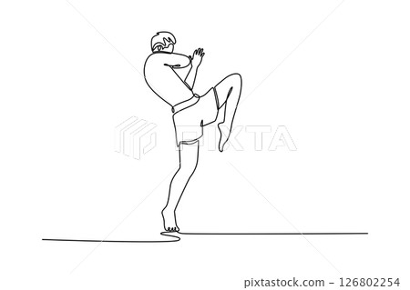 Single continuous line drawing attractive muay Thai male fighter practicing knee kick in gym. Kickboxing workout, training in martial arts in action. One line draw graphic design vector illustration 126802254