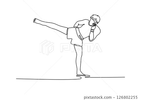 Single one line drawing kickboxing man performing a martial arts kick at national muay thai match competition. Sport exercise, fitness workout. Continuous line draw design graphic vector illustration 126802255