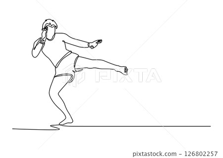 Single one line drawing Muay Thai fighter practicing, training martial arts in action, motion. Healthy lifestyle, sport, asian culture concept. Continuous line draw design graphic vector illustration 126802257