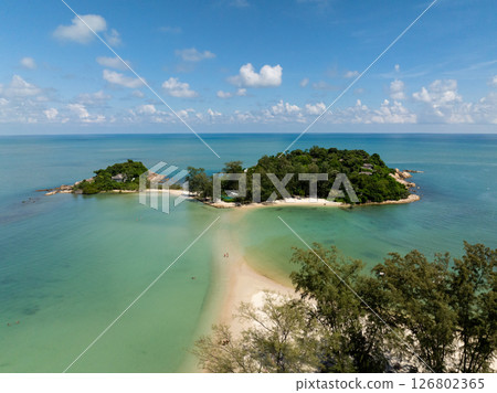 Connected tropical islands with turquoise waters, sandy beaches, and lush greenery under sunny skies. Koh Samui, Thailand. Connected tropical islands with turquoise waters, sandy beaches, and lush greenery under sunny skies. Koh Samui, Thailand. 126802365