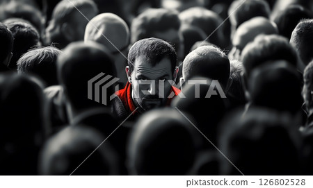 Focused portrait of a european man in red hoodie standing out in a crowded black and white scene Focused portrait of a european man in red hoodie standing out in a crowded black and white scene 126802528