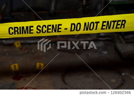 Forensic Crime Scene Investigation with Bloodstains and Numbered Markers. High quality photo 126802566