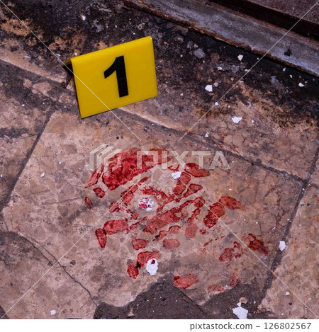 Bloody Sneaker Print on Floor with Evidence Marker at Crime Scene. High quality photo 126802567