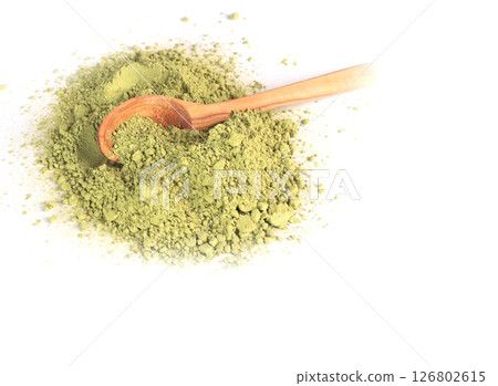 Japanese powdered matcha green tea on wooden spoon. Antioxidant, healthy, organic product. Beverages and nutrition. Isolated image on white background. Japanese powdered matcha green tea on wooden spoon. Antioxidant, healthy, organic product. Beverages and nutrition. Isolated image on white background. 126802615
