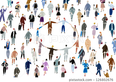 Hand-drawn illustration: People in suits holding hands in a circle, business 126802676