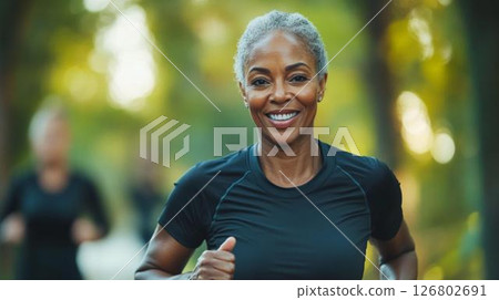 Healthy middle-aged woman running outdoors and enjoying an active lifestyle 126802691