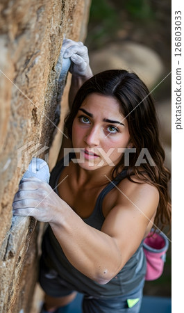 Focused european woman climbing a rugged vertical rock wall using chalked hands 126803033