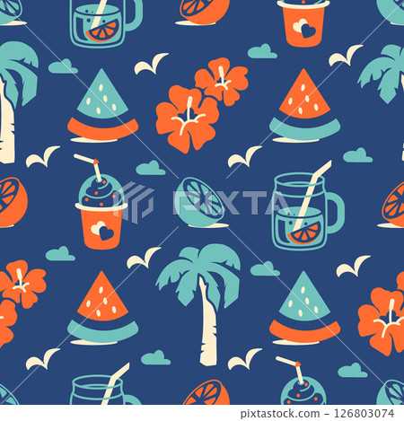Seamless beach pattern with watermelon, palm trees, lemonade and cocktails. Bold retro colors. Perfect for fabric, packaging, wrapping paper, kids clothing, and summer decor 126803074