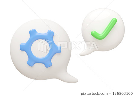 3D checkmarks and gear with chat bubble. Ideal for confirmation, technology, communication concept.Simple, clean, modern design. tick marks and cogwheel. Represents approval, industry and engineering. 3D checkmarks and gear with chat bubble. Ideal for confirmation, technology, communication concept.Simple, clean, modern design. tick marks and cogwheel. Represents approval, industry and engineering. 126803100