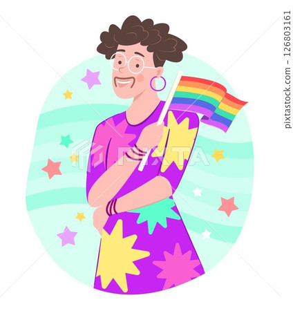 Happy Lady Boy in Colorful Dress Holding Rainbow Flag for LGBT Gay Pride Celebration Concept Illustration 126803161