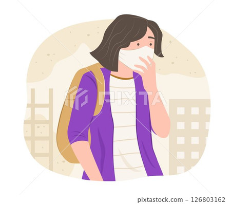 Teenage Girl wearing Face Mask for Prevent Particulate Dust and Air Pollution Concept Illustration 126803162