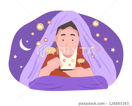Young Man Watching Social Media Content and Chatting on Smartphone Before Sleep at Night for Social Media Addiction and FOMO Concept Illustration 126803163