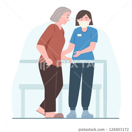 Physiotherapist Doctor Rehabilitates Elderly Woman Patient for Doing Walking Exercises for Rehabilitation and Healthcare Concept Illustration 126803172