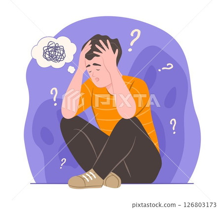 Depressed Man Holding Head in Hands with Feeling of Stress Out for Mental Health Concept Illustration Depressed Man Holding Head in Hands with Feeling of Stress Out for Mental Health Concept Illustration 126803173