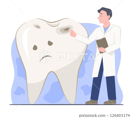 Male Dentist Doctor Pointing the Cavities on Tooth Cartoon Character for Dental Caries and Dental Healthcare Concept Illustration Clip Art 126803174