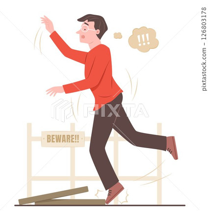 Young Man Stumbles Over Drain Cover on Pavement for Accident Concept Illustration 126803178