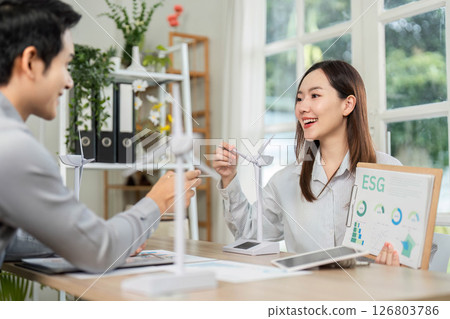 ESG Strategies. Businesswoman discussing sustainability with a client. 126803786