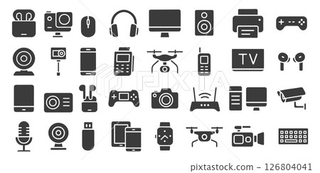 Devices flat style set. Electronic device and gadgets icons for web, mobile app. Smart devices, drone, technology, computer monitor, smartphone, tablet, laptop. Vector illustration. Isolated Devices flat style set. Electronic device and gadgets icons for web, mobile app. Smart devices, drone, technology, computer monitor, smartphone, tablet, laptop. Vector illustration. Isolated 126804041