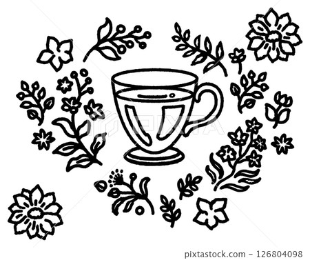 Black line drawing of a teacup surrounded by flowers 126804098