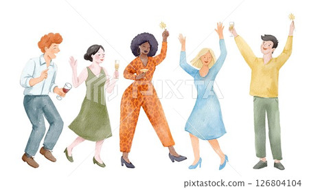 Watercolor hand drawn illustration of happy people dancing and celebrating with drinks. Perfect for party, holiday, or festive themes. 126804104