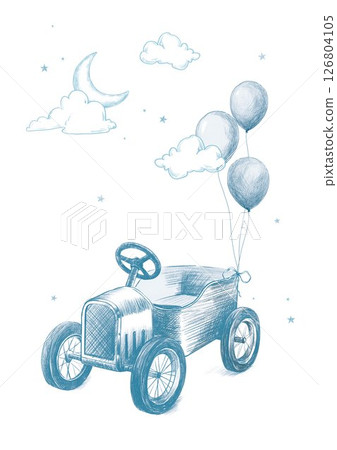 Hand-drawn retro-style poster featuring a vintage toy car with balloons, clouds, stars, and moon. Soft, sketch-style artwork ideal for newborn nursery decor, baby shower gifts, and children's wall art Hand-drawn retro-style poster featuring a vintage toy car with balloons, clouds, stars, and moon. Soft, sketch-style artwork ideal for newborn nursery decor, baby shower gifts, and children's wall art 126804105