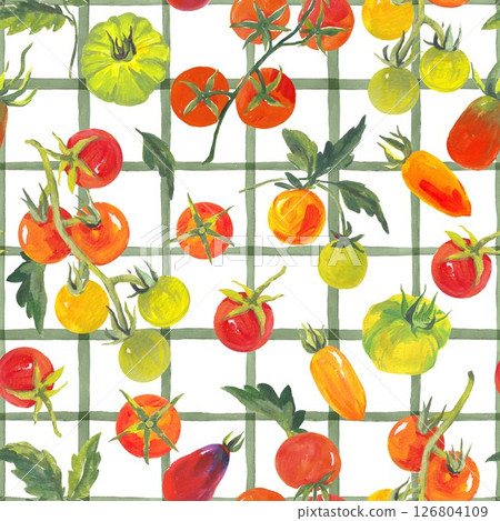 Trendy seamless summer pattern featuring colorful tomatoes on a checkered background, painted in vibrant acrylic style. This playful tropical-inspired design is perfect for fashion, fabric, textiles 126804109