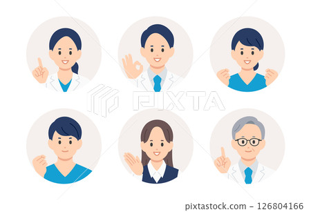 積極的醫生、護士和醫療辦公室男性和女性臉部圖示集 [人物向量插圖素材] 126804166