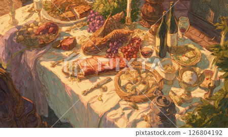 Dining table with lots of food Dining table with lots of food 126804192