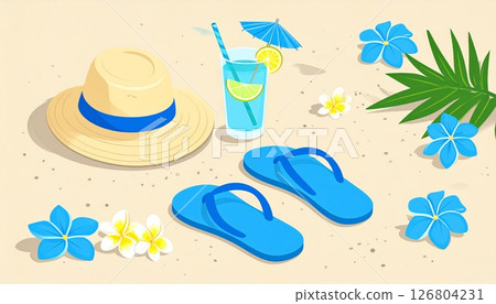 <夏季>沙灘上的草帽與沙灘涼鞋 126804231
