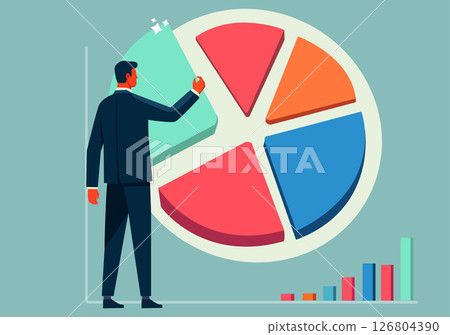 A man in a suit extracts his share from a pie chart. 126804390