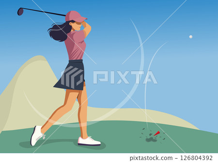 Woman playing golf in posture after hitting ball 126804392