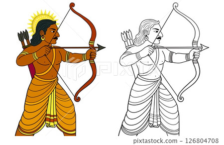 Illustration of Karna from Mahabharata aiming a bow and arrow, depicted in both color and line art versions, perfect for coloring or educational illustrations, archer with bow Illustration of Karna from Mahabharata aiming a bow and arrow, depicted in both color and line art versions, perfect for coloring or educational illustrations, archer with bow 126804708